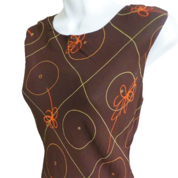 Vintage 90s Dress Geo Floral Brown Orange Lined Tessuto Keyhole Button Back USA - Picture 3 of 8